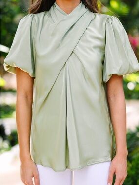 Satin Puff Sleeve Wrap Front Top - Sage Green